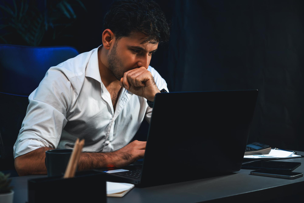 Man at a desk struggling with copywriting