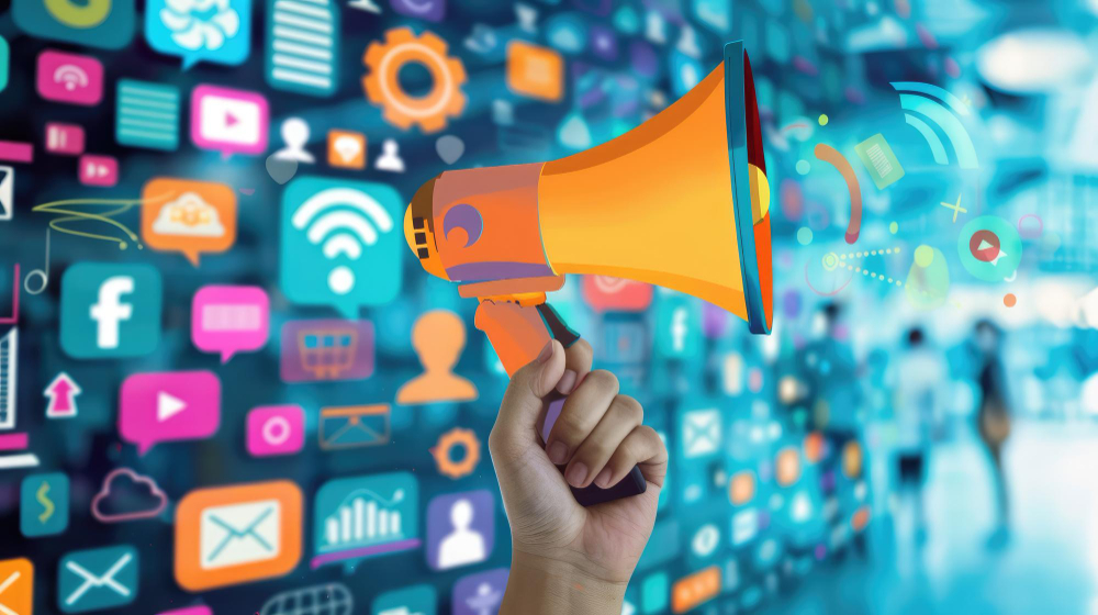 Megaphone with social media icons